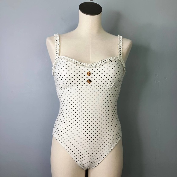 California Sunshine Ivory Pin Dot Ruffle Trim One Piece Swimsuit Junors' Size M - Picture 1 of 16